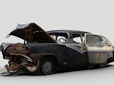 Rusty Damaged Vintage Car With Open Hood Broken Doors And Wrecked Body 3d model