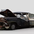 Rusty Damaged Vintage Car With Open Hood Broken Doors And Wrecked Body