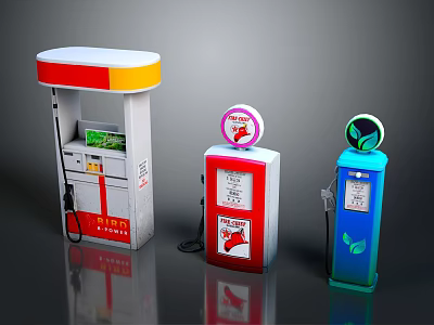 Vintage Gas Pumps In Red White Blue Green With Top Logos 3d model