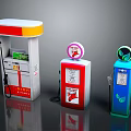 Vintage Gas Pumps In Red White Blue Green With Top Logos