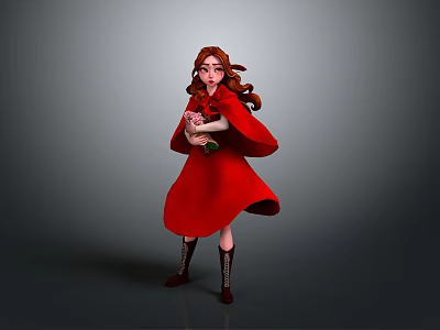 Realistic 3D Model of Little Red Riding Hood Wearing Red Cloak Holding Basket 3d model