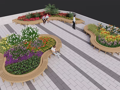 Wooden Outdoor Chairs Along Flower Beds In Relaxing Outdoor Garden Patio Area 3d model