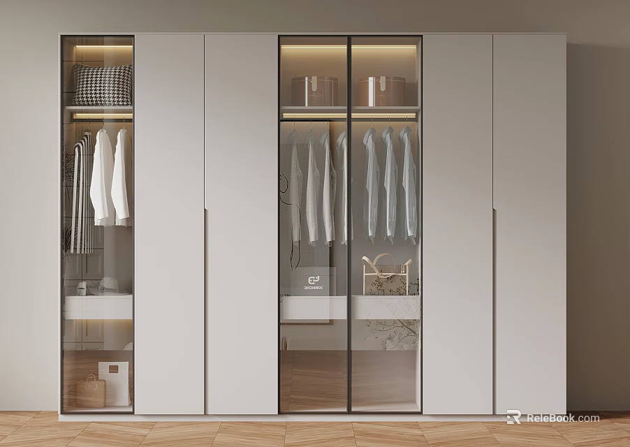 Modern Light Colored Wardrobe With Glass Doors And Hanging Clothes Storage 3d model 