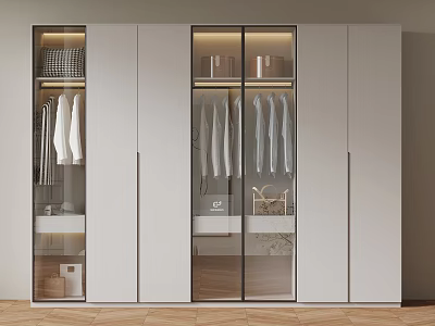 Modern Light Colored Wardrobe With Glass Doors And Hanging Clothes Storage 3d model