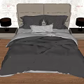 Modern Double Bed With Light Gray Headboard Pillows And Black Table Lamps On Wooden Floor