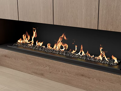 Modern Fireplace With Burning Flames And Wooden Cabinets Above Wooden Flooring 3d model