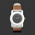Silver Watch With Brown Leather Strap And Black Dial Classic Design 3d model