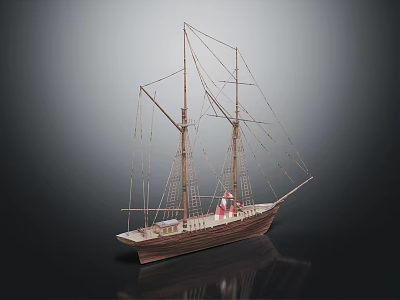Wooden Ship Model Display with Intricate Masts Rigging on Dark Reflective Surface 3d model