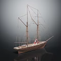 Wooden Ship Model Display with Intricate Masts Rigging on Dark Reflective Surface