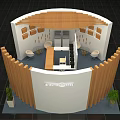 Modern Exhibition Booth With Curved Wooden Partitions Wacom Logo And Reception Counter