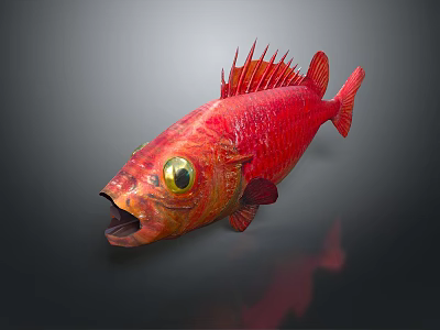 Vibrant Red Marine Fish With Big Eyes Open Mouth And Spiny Dorsal Fin 3d model