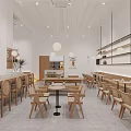 Modern Café Interior Design With Wooden Furniture Counter Green Plants And Hanging Lights