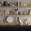 Elegant Perfumes And Cosmetics Display On Wooden Shelves With Bottles Brushes And Mirrors