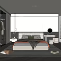 Modern Bedroom Interior Design With Upholstered Headboard Bed Nightstand Open Wardrobe And Blinds