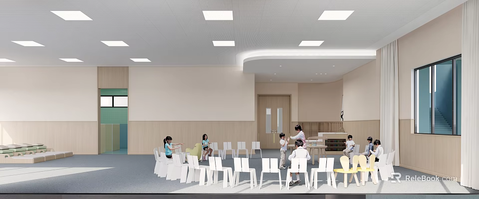 Kindergarten Indoor Environment With Children Teachers White Yellow Chairs Tables Light Walls And Ceiling Lights 3d model 