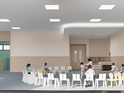 Kindergarten Indoor Environment With Children Teachers White Yellow Chairs Tables Light Walls And Ceiling Lights 3d model