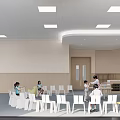 Kindergarten Indoor Environment With Children Teachers White Yellow Chairs Tables Light Walls And Ceiling Lights