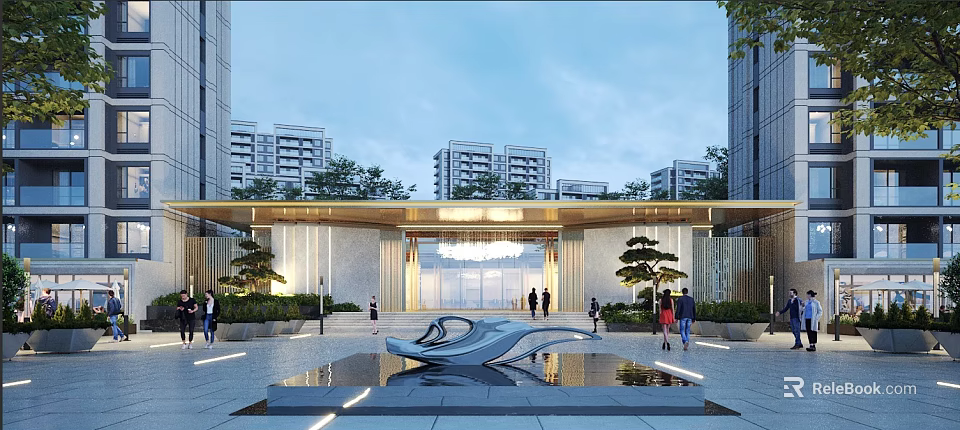 Modern Residential Entrance Gate With High Rise Buildings Fountain And Greenery 3d model 