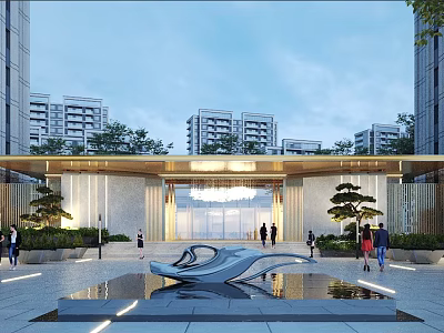 Modern Residential Entrance Gate With High Rise Buildings Fountain And Greenery 3d model