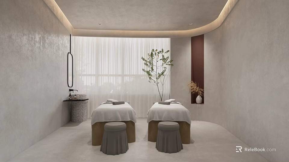 Modern SPA Sauna Interior Design With Two Massage Beds Green Plants And White Curtains 3d model 
