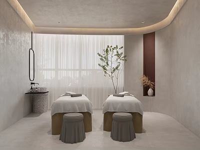 Modern SPA Sauna Interior Design With Two Massage Beds Green Plants And White Curtains 3d model