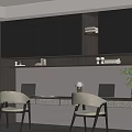 Modern Home Office Desk with Two Beige Chairs Laptop Computers Black Cabinets and Decorative Items