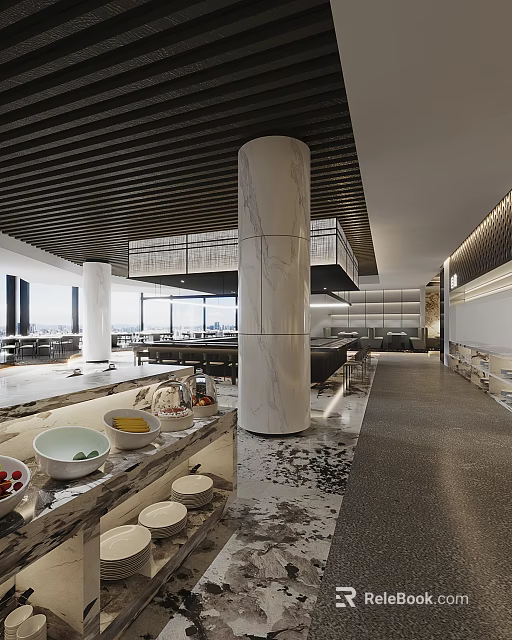 Modern Restaurant Interior With Marble Columns Open Layout Counter Dining Tables And City Views 3d model 