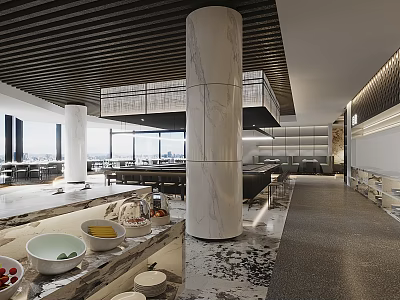 Modern Restaurant Interior With Marble Columns Open Layout Counter Dining Tables And City Views 3d model