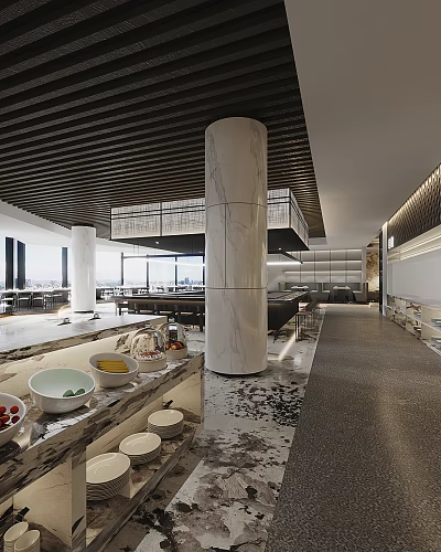 Modern Restaurant Interior With Marble Columns Open Layout Counter Dining Tables And City Views 3d model