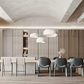 Modern Restaurant Interior With Arched Ceiling White Pendant Lights Wooden Panels And Dining Table
