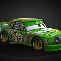 Green Race Car With Number 86 Cartoon Eyes And Decorative Stickers On Body