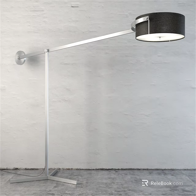 Modern Minimalist Floor Lamp With Silver Metal Pole Black Round Shade And White Textured Wall 3d model 