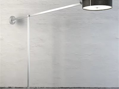 Modern Minimalist Floor Lamp With Silver Metal Pole Black Round Shade And White Textured Wall 3d model