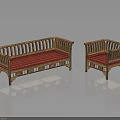 Wooden Furniture Set With Red Cushions Carved Frame And Decorative Design Details