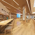 Book Art Gallery Interior With Wooden Shelves Reading Tables And Art Decor