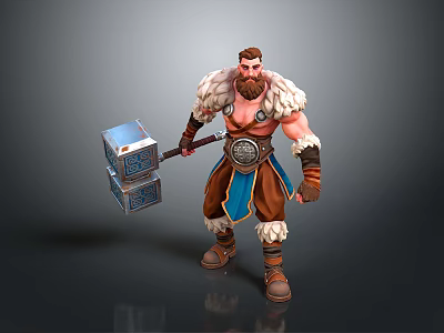 Bearded Warrior in Fur Trimmed Outfit Wielding Large Ornate Hammer With Details 3d model