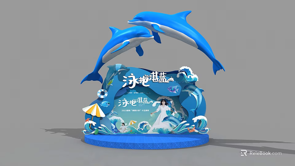 Ocean Themed Stage With Blue Dolphins Waves And Summer Decorations 3d model 