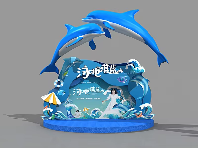 Ocean Themed Stage With Blue Dolphins Waves And Summer Decorations 3d model