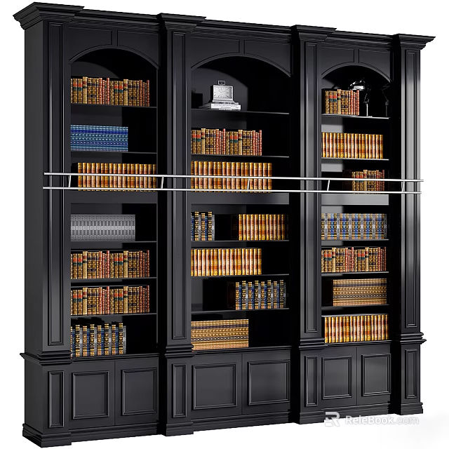 Elegant Black Decorative Bookcase Cabinet With Neatly Arranged Books And Multiple Shelves 3d model 