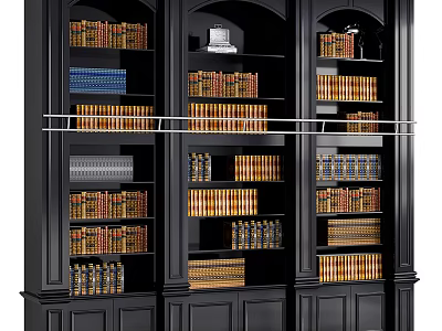 Elegant Black Decorative Bookcase Cabinet With Neatly Arranged Books And Multiple Shelves 3d model