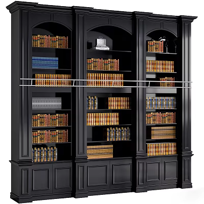 Elegant Black Decorative Bookcase Cabinet With Neatly Arranged Books And Multiple Shelves 3d model