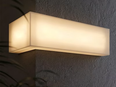 Modern Rectangular Wall Lamp With Soft Translucent Light On Gray Textured Wall With Plant Leaves 3d model