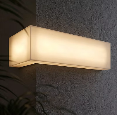 Modern Rectangular Wall Lamp With Soft Translucent Light On Gray Textured Wall With Plant Leaves 3d model