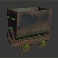 Rusted Vintage Mine Cart With Spoked Wheels On Dark Reflective Surface