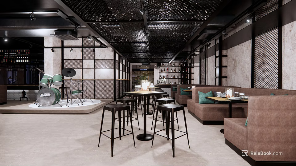 Modern Bar Interior Featuring Drum Set Tables Chairs And Comfortable Sofas 3d model 