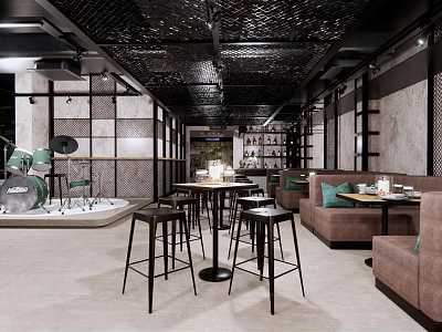 Modern Bar Interior Featuring Drum Set Tables Chairs And Comfortable Sofas 3d model