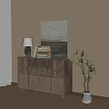 Rustic Wooden Cabinet With Table Lamp Books Artwork And Potted Plant In Room Corner