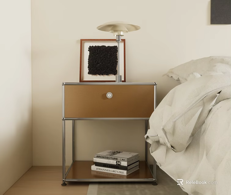 Modern Nightstand with Metal Frame Brown Drawer Table Lamp Picture Frame Books and Decor 3d model 