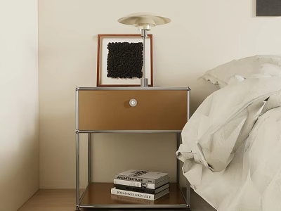 Modern Nightstand with Metal Frame Brown Drawer Table Lamp Picture Frame Books and Decor 3d model