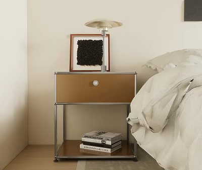Modern Nightstand with Metal Frame Brown Drawer Table Lamp Picture Frame Books and Decor 3d model